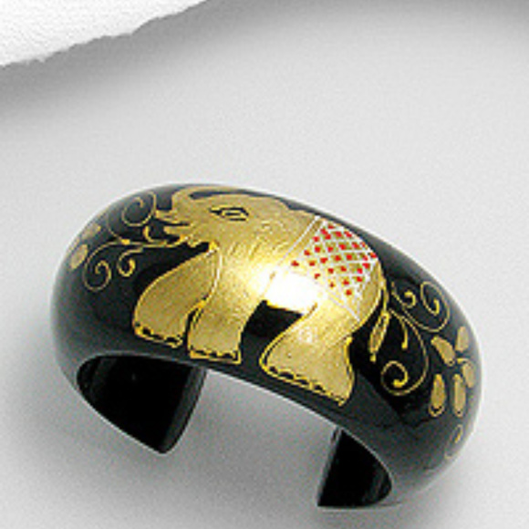 COPY - Black Wooden Bangle w/ Gold Elephant Art - Picture 1 of 1